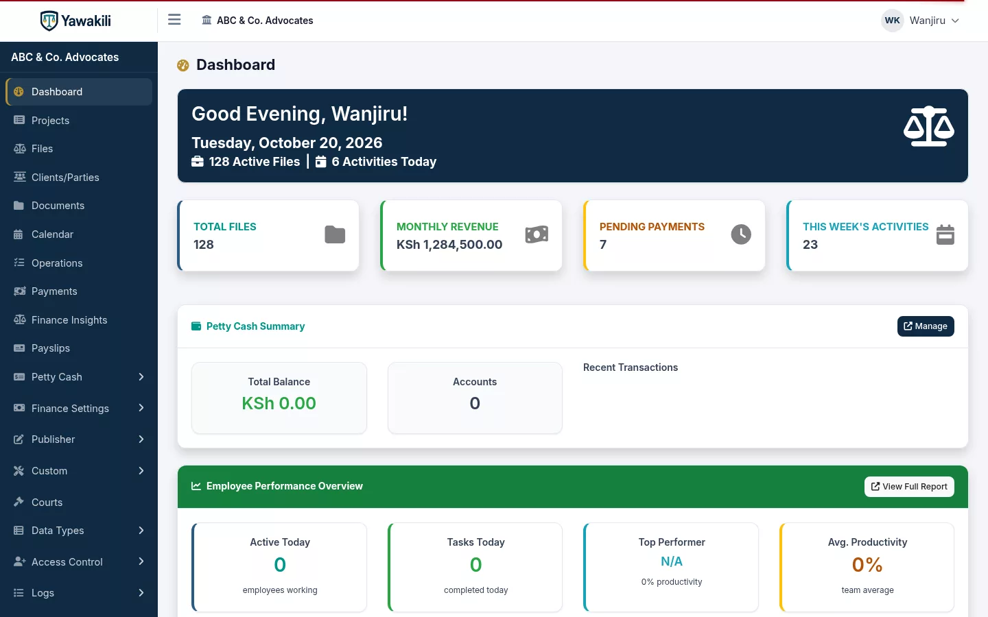 Yawakili dashboard showing active files, revenue, pending payments and this week's activities